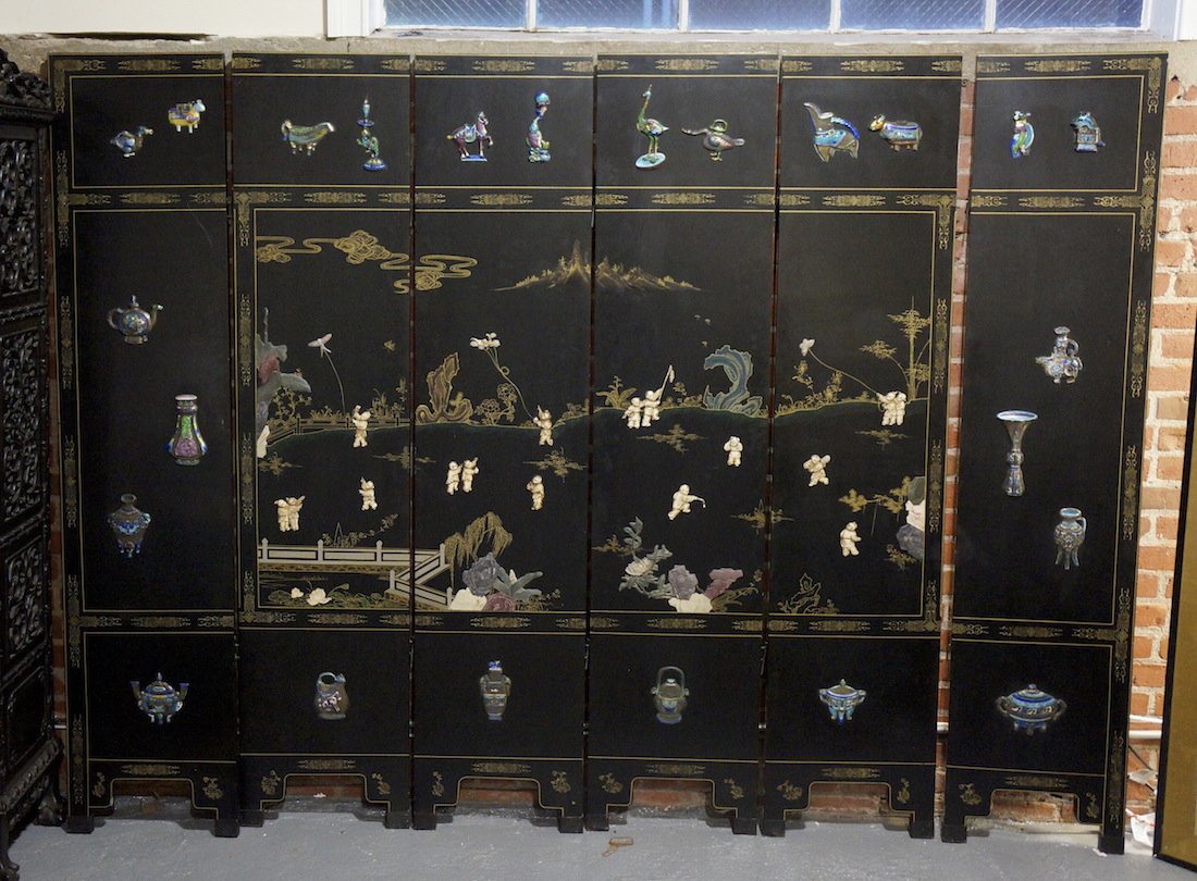 Chinese Six Paneled Floor Screen - Boy Playing Scene: early 20th cen, measures 72"h 96"w