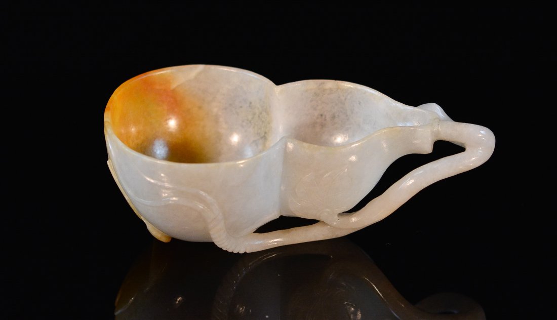 Chinese Jadeite Double Gourd Scholar Brush Washer: 19th cen, with yellow skin, measures 4"ll 2"w