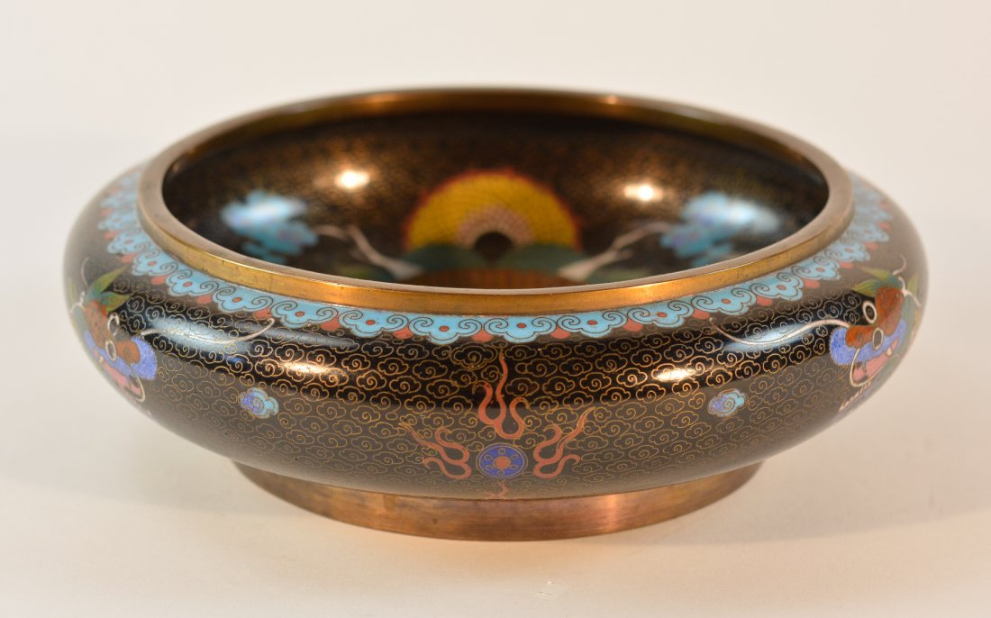 Chinese Cloisonné Brush Washer with Dragon Motif: 19th cen, with pseudo ming mark, measures 8"dia