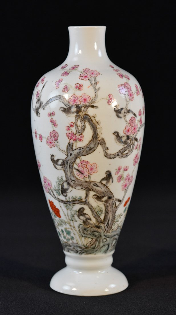 Chinese Porcelain Vase with Bird on Birch Scene: 20th cen, republic era, red mark on the bottom, bird with plum blossom design, measures 6"h 4"dia