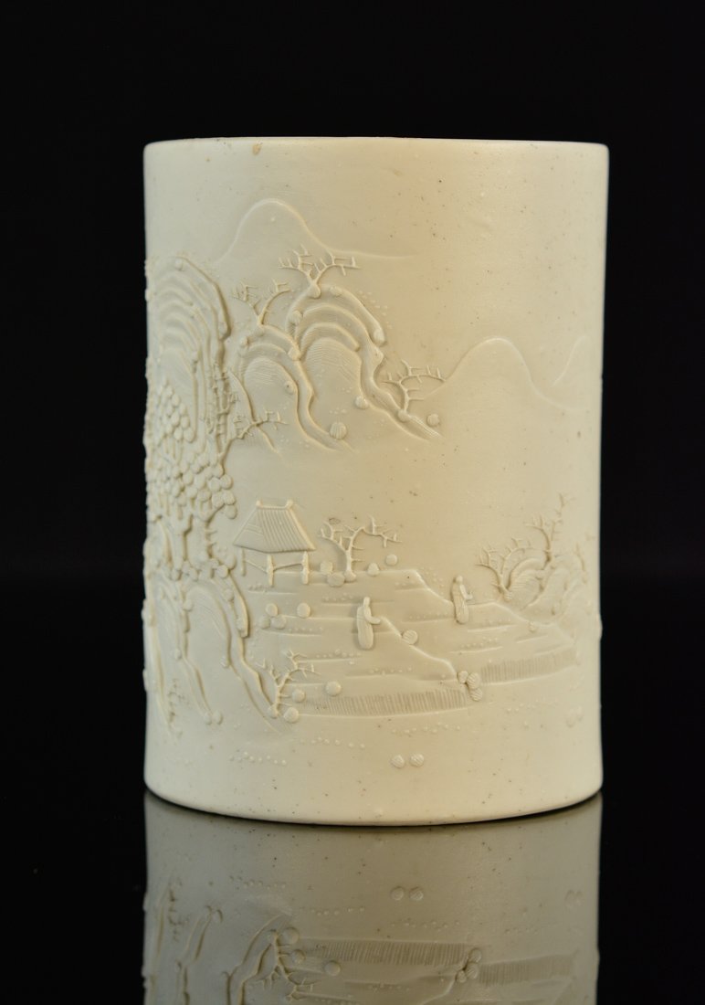 Chinese Bisque Porcelain Brushpot with Landscape Scene (1 of 7)