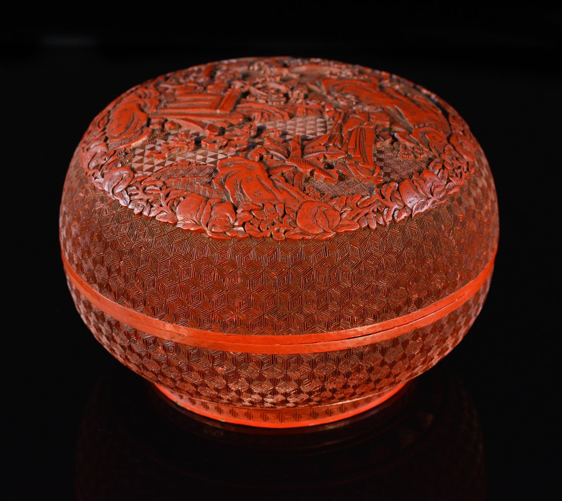 Chinese Round Carved Cinnebar Lacquer Box (1 of 10)