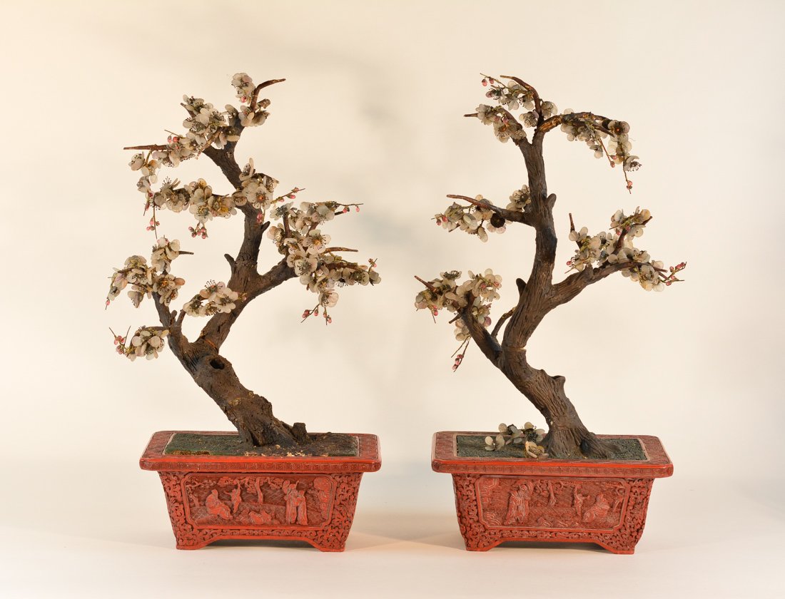 Pair of Chinese Cinnebar Planter with Jade Flower (1 of 10)