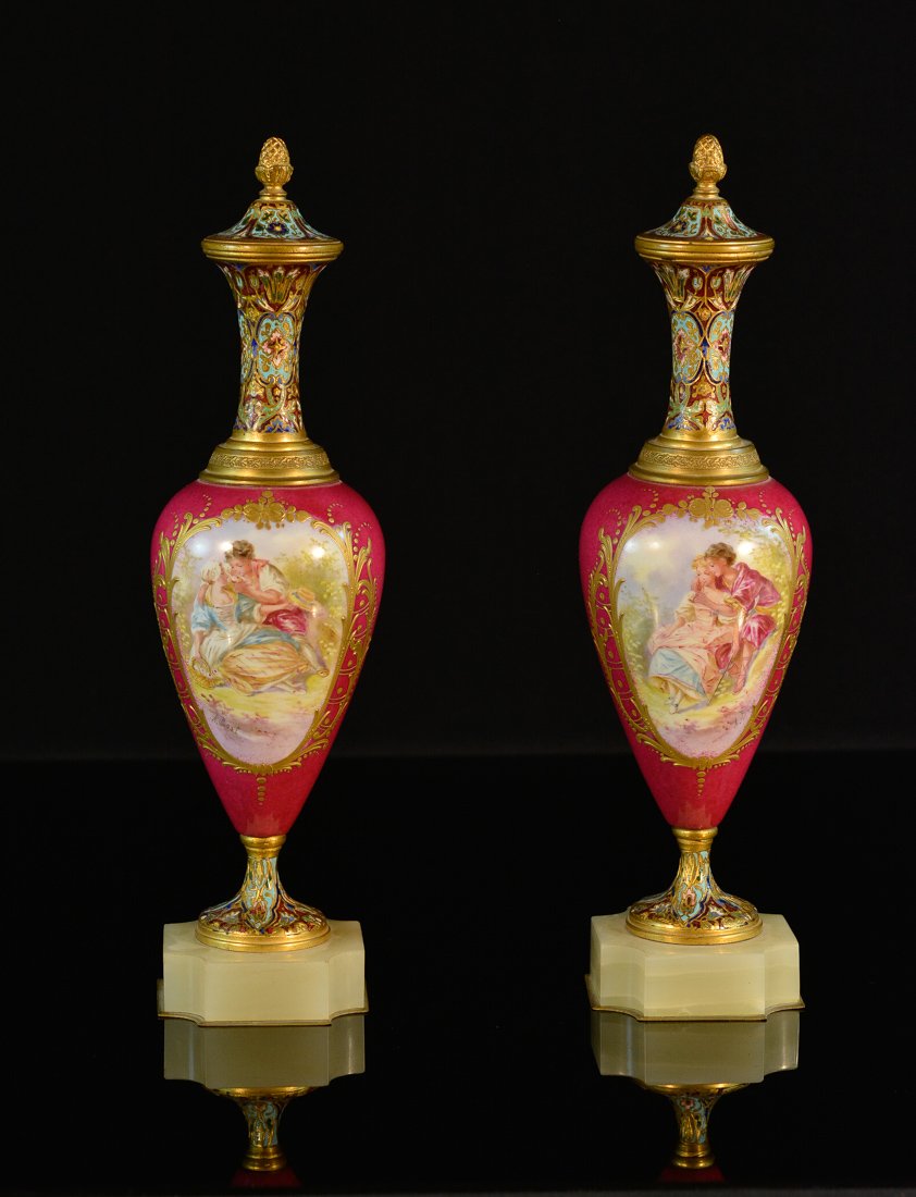 Pair French Serves and Champleve Enamle Vases: 19th cen, French, measures 12"h 3.5"dia