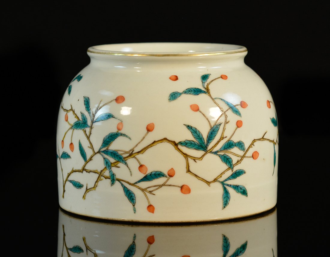 Chinese Scholar Porcelain Brush Washer with Berry Scene: 19th cen, well painted with berry and green leaf motif, measures 4"h 5"dia