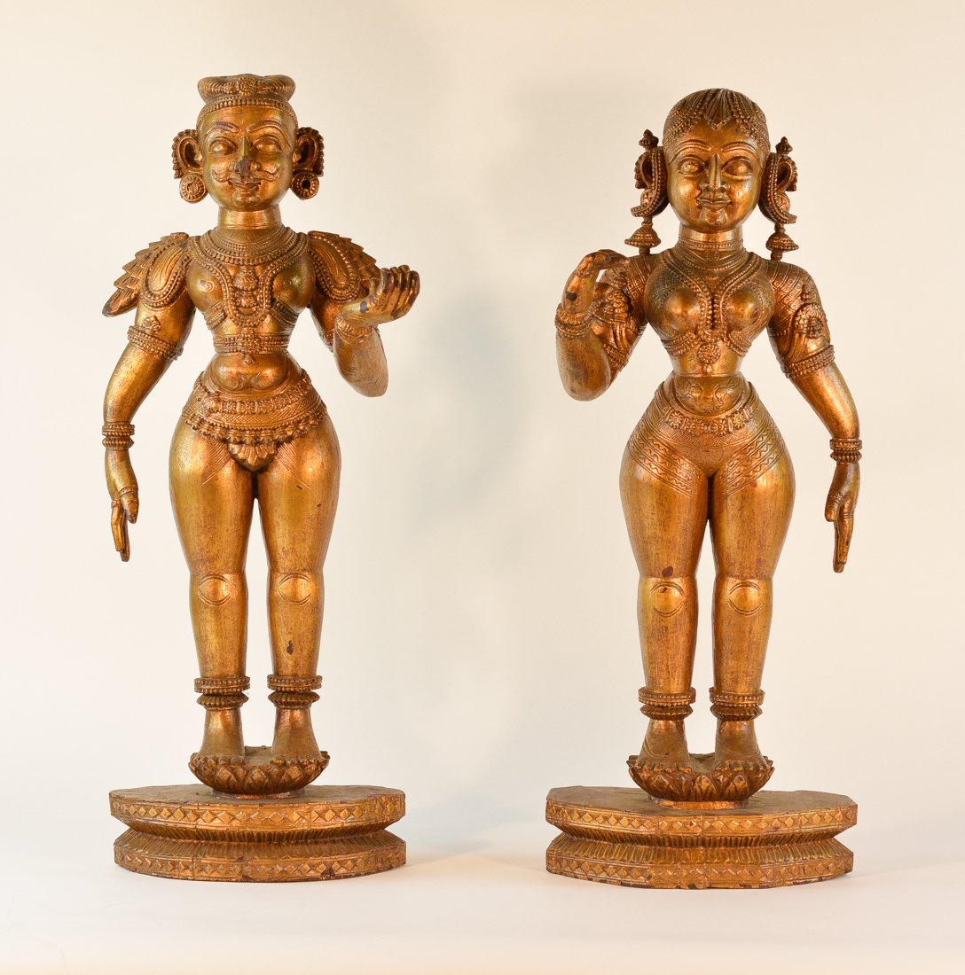 Pair of Indian Carved Wood Diety with Gold Lacquer (1 of 10)