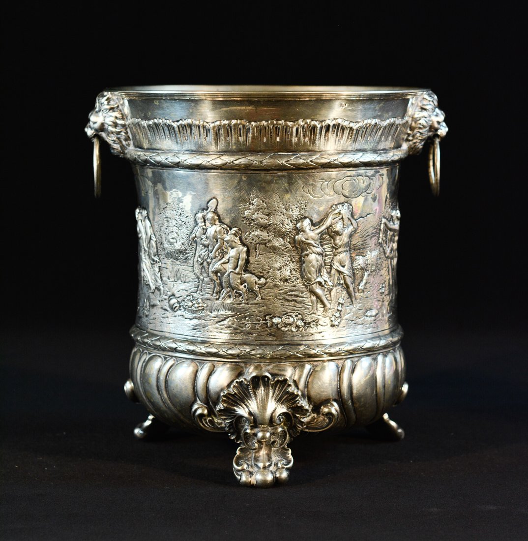 Continental Silver Wine Cooler: 19th cen, figural scene, measures 9"h 8"dia; Provenace: from a Boston Estate