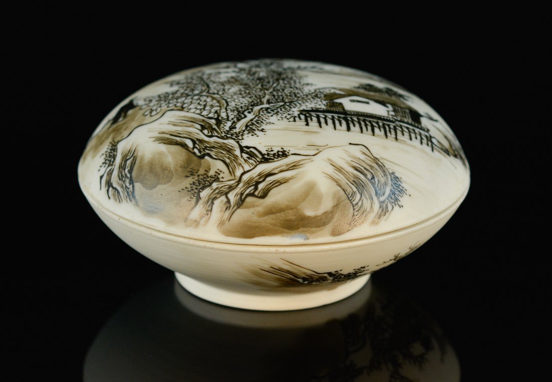 Chinese Bisque Porcelain Seal Paste Box with Landscape (1 of 9)