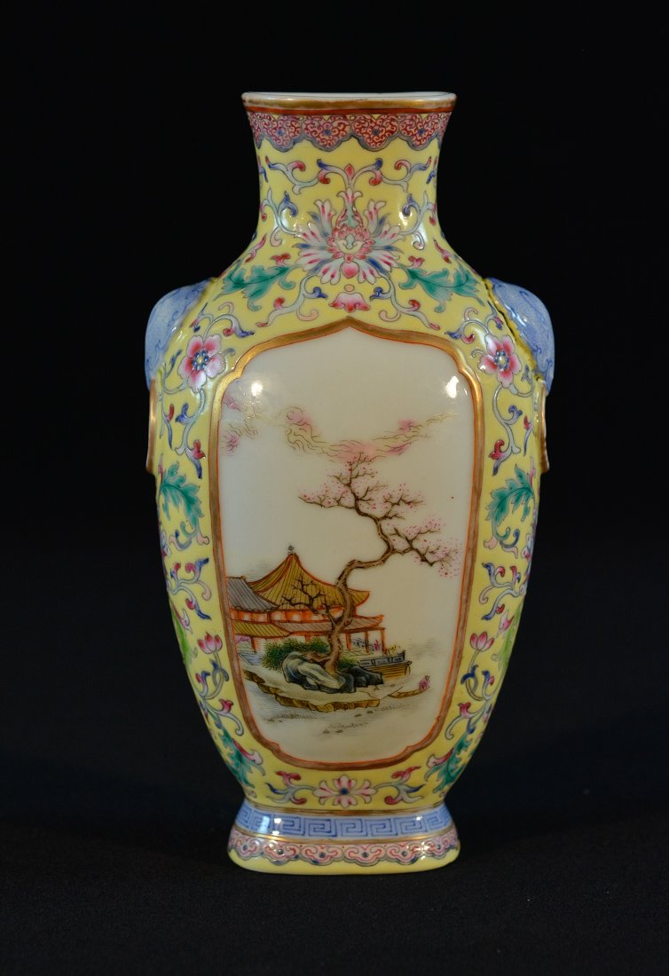 Chinese Famille Rose Porcelain Vase with Pavillion: 20th cen, yellow ground with foolion mask on the shoulder, measures 7.5"h 4"w