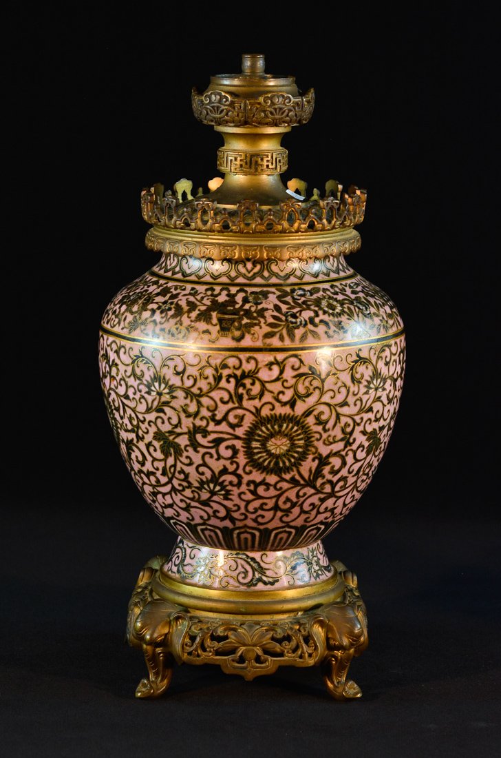 Chinese Cloisonne Vase - Oil Lamp: 19th cen, mounted victoria period, casting bronze mounting, light side bruises, measures 16"h 8"dia