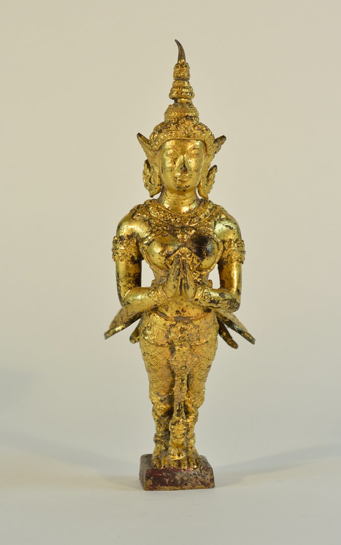 Antique Thai Bronze Attendant - Gold Leaf: 19th cen measures 11"h 7"w