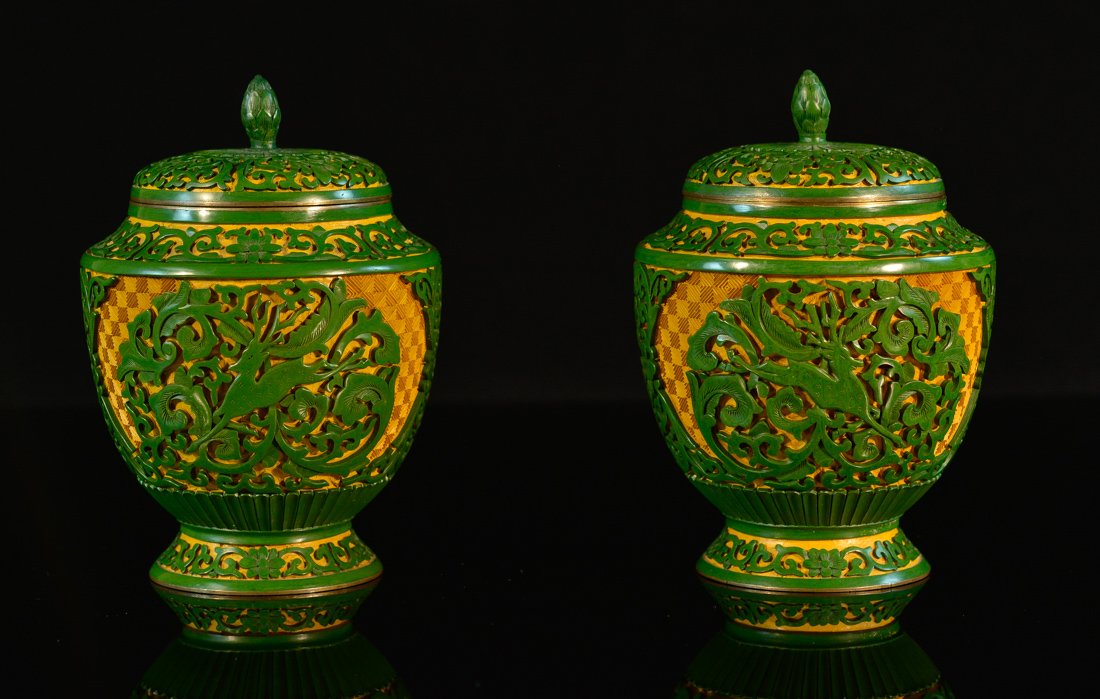 Pair Chinese Cinnebar Covered Jar (1 of 9)