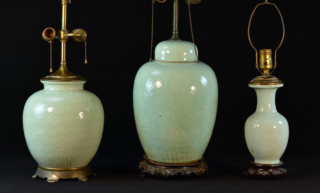 Three Chinese Celadon Porcelain Lamps (1 of 9)