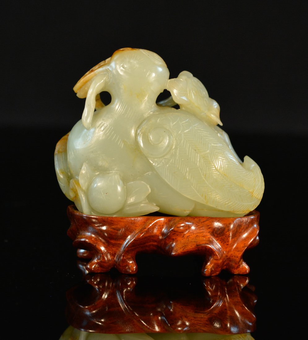 Chinese Carved Jade Duck with Rosewood Base (1 of 7)