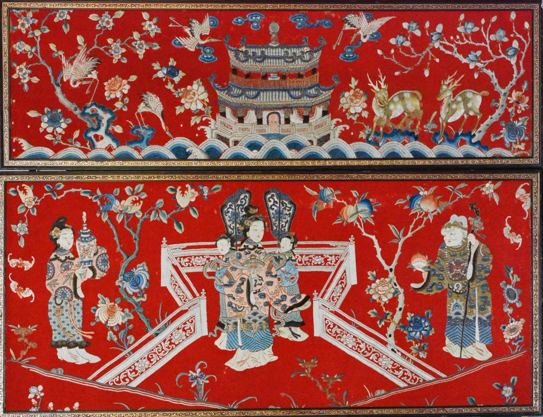 Two Chinese Embroidery Panel with Red Background (1 of 8)
