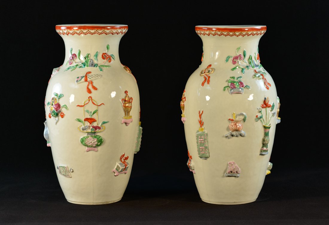 Pair of Chinese Moriage Porcelain Lantern Vases (1 of 10)