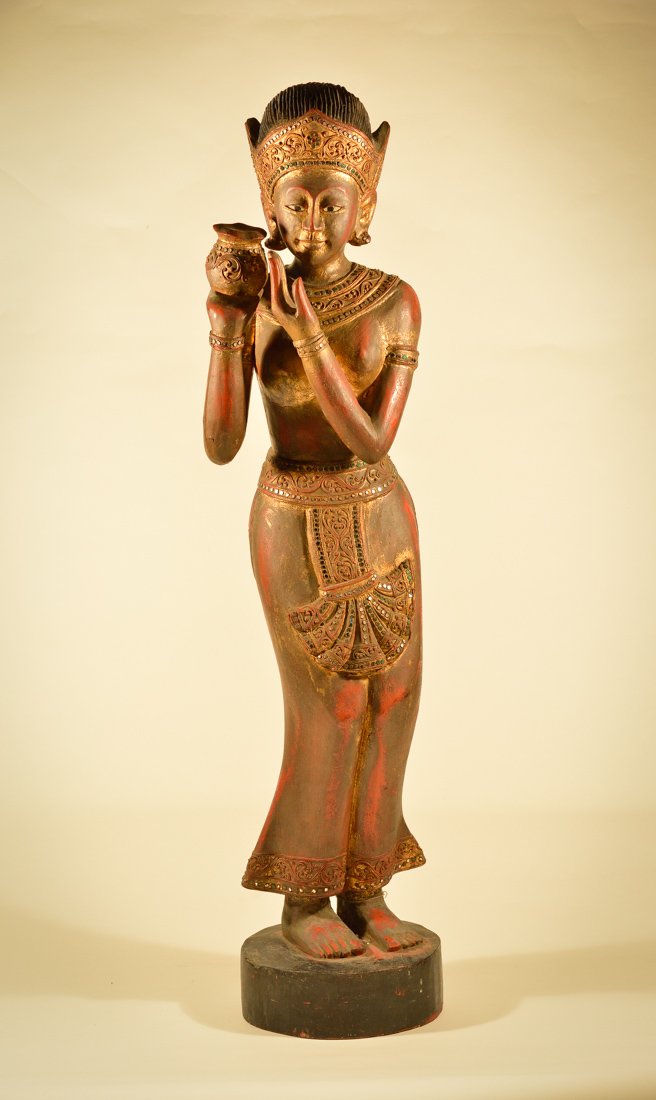 Large Thai Lacquered Wood Female Figurine with Glass (1 of 10)