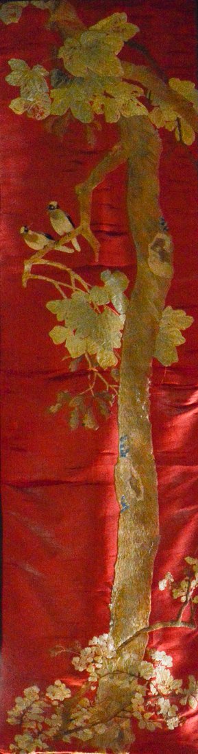 Chinese Long Red Embroidery of Bird on Birch: 19th cen, with tears, measures 66"h by 19"; Provenance: from an Manhattan Gentleman Life Time Collection
