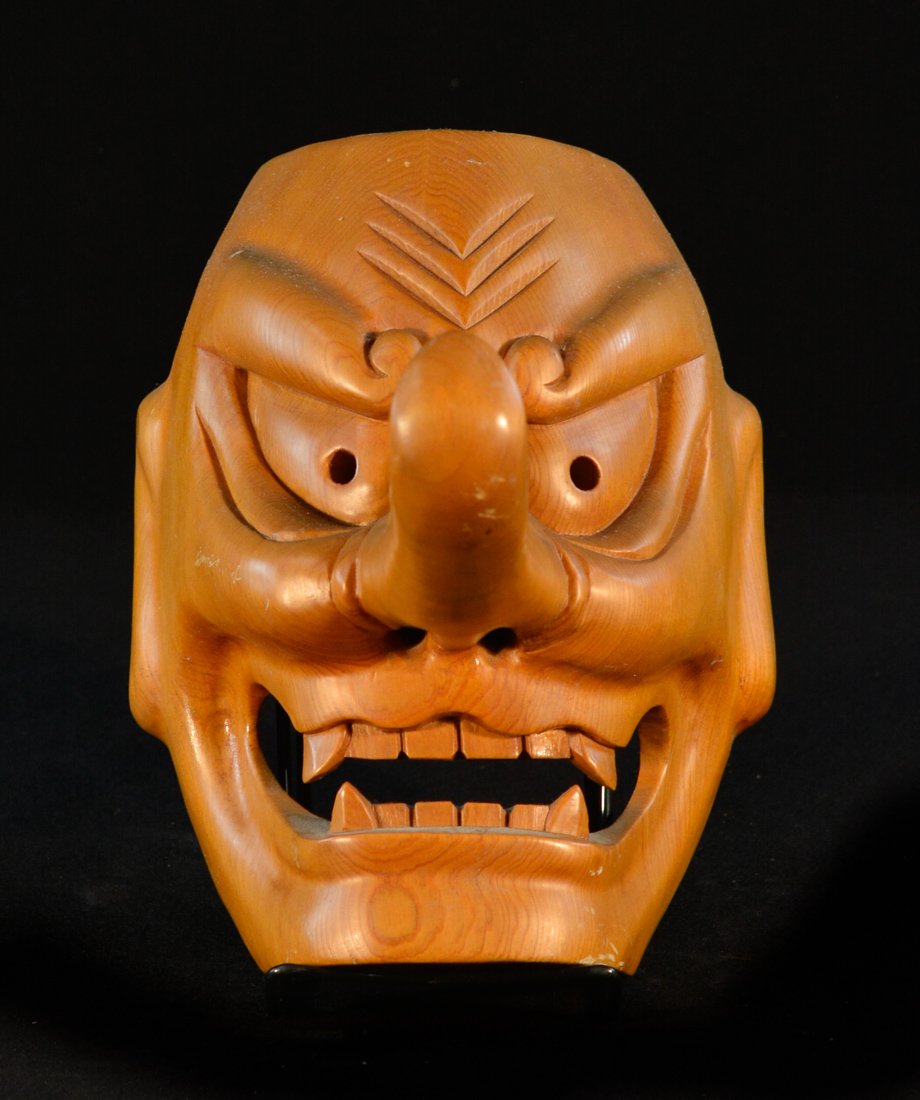 Japanese Wood Mask of Long Nose Elder: 19/20th cen, beautiful wood grain, measures 10"h 9" by 7"w; Provenance: from an Manhattan Gentleman Life Time Collection
