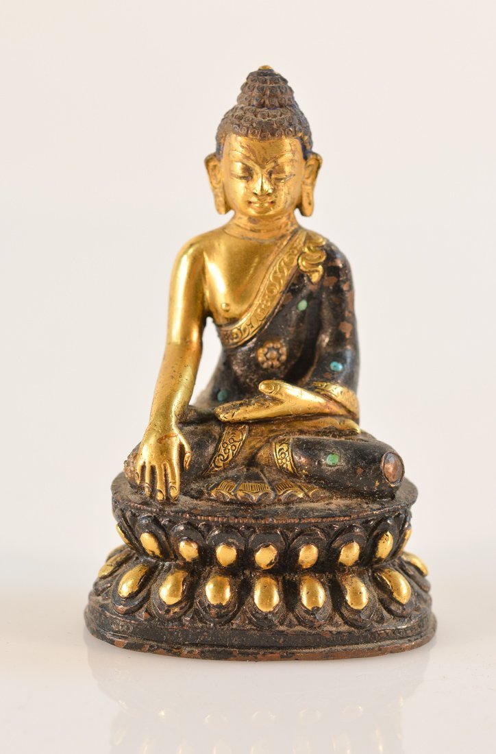 Nepalese Bronze Seated Buddha with Turquois Inlay: 20th cen, measures 3.5"; Provenance: from an Manhattan Gentleman Life Time Collection