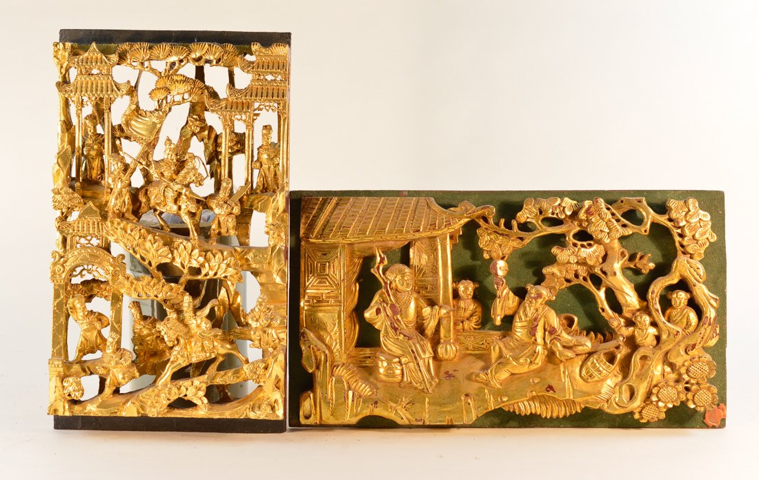 Two Chinese Carved Gilt Wood Carvings - Figural Scene (1 of 8)