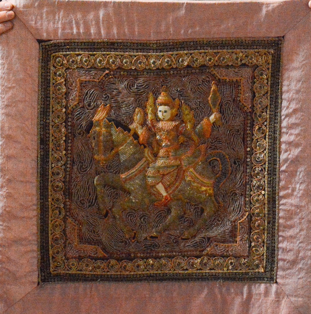 Antique Thai Embroidery with Jewel: 19/20th cen, measures 25" by 25"; Provenance: from an Manhattan Gentleman Life Time Collection