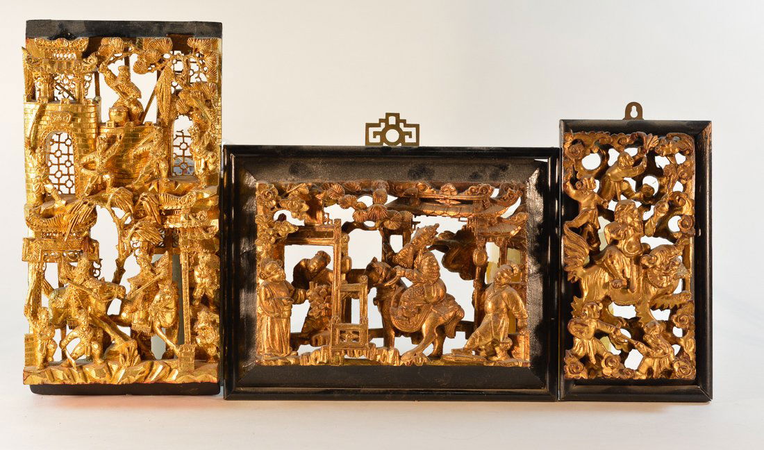 Group of Three Chinese Carved Gilt Wood Plaques - (1 of 10)