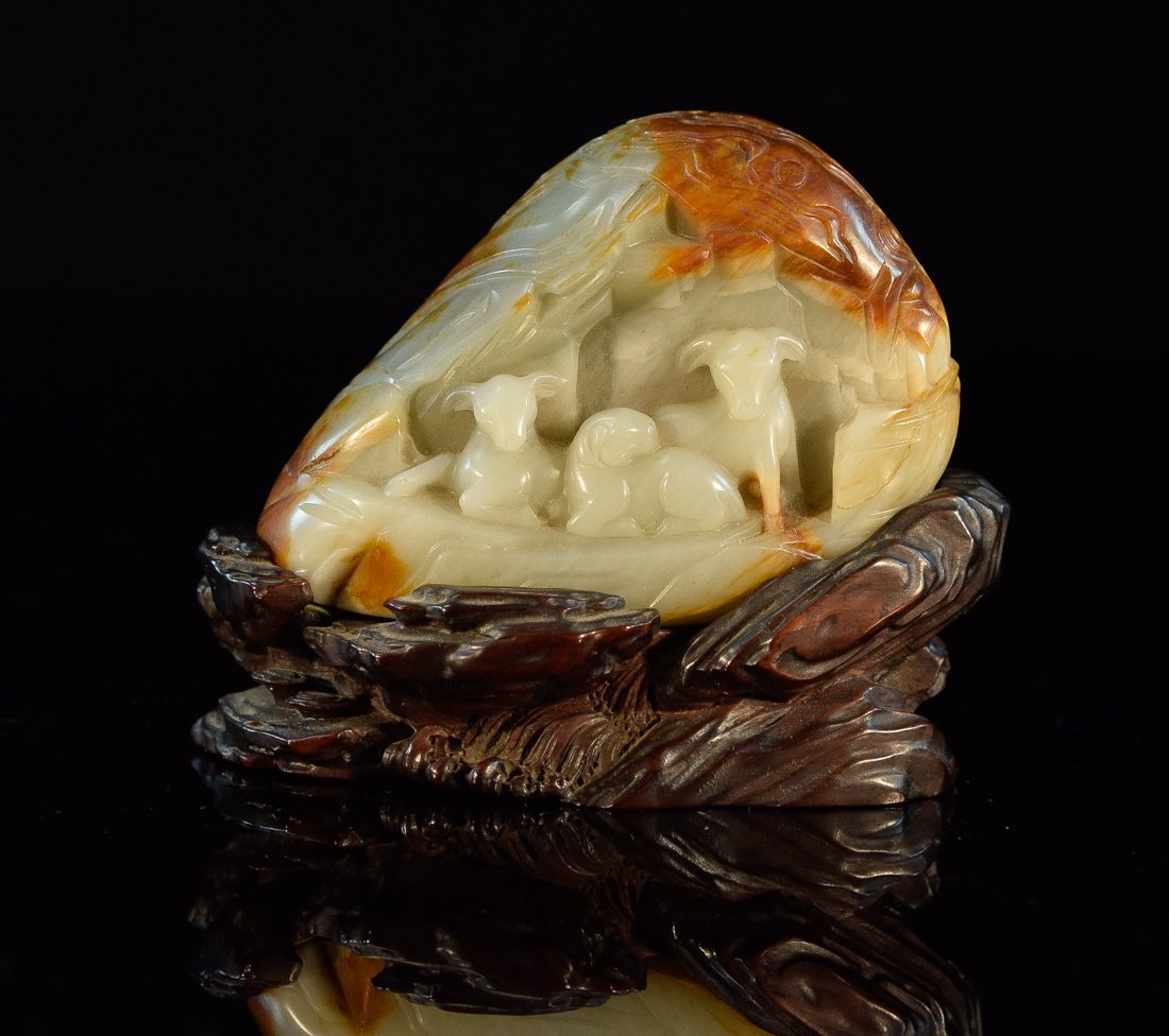 Chinese Pebble Nephrite Jade Boulder with Three Ram (1 of 10)