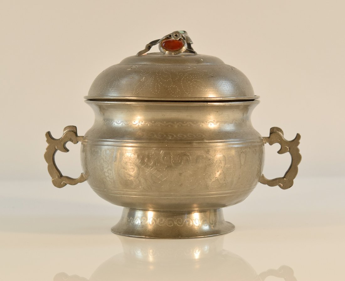 Chinese Pewter Censer with Agate Inlay (1 of 9)