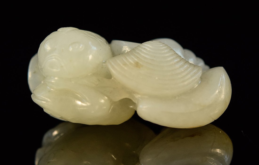 Unusual Chinese Pebble Jade Toggle of Fish and Shell (1 of 7)