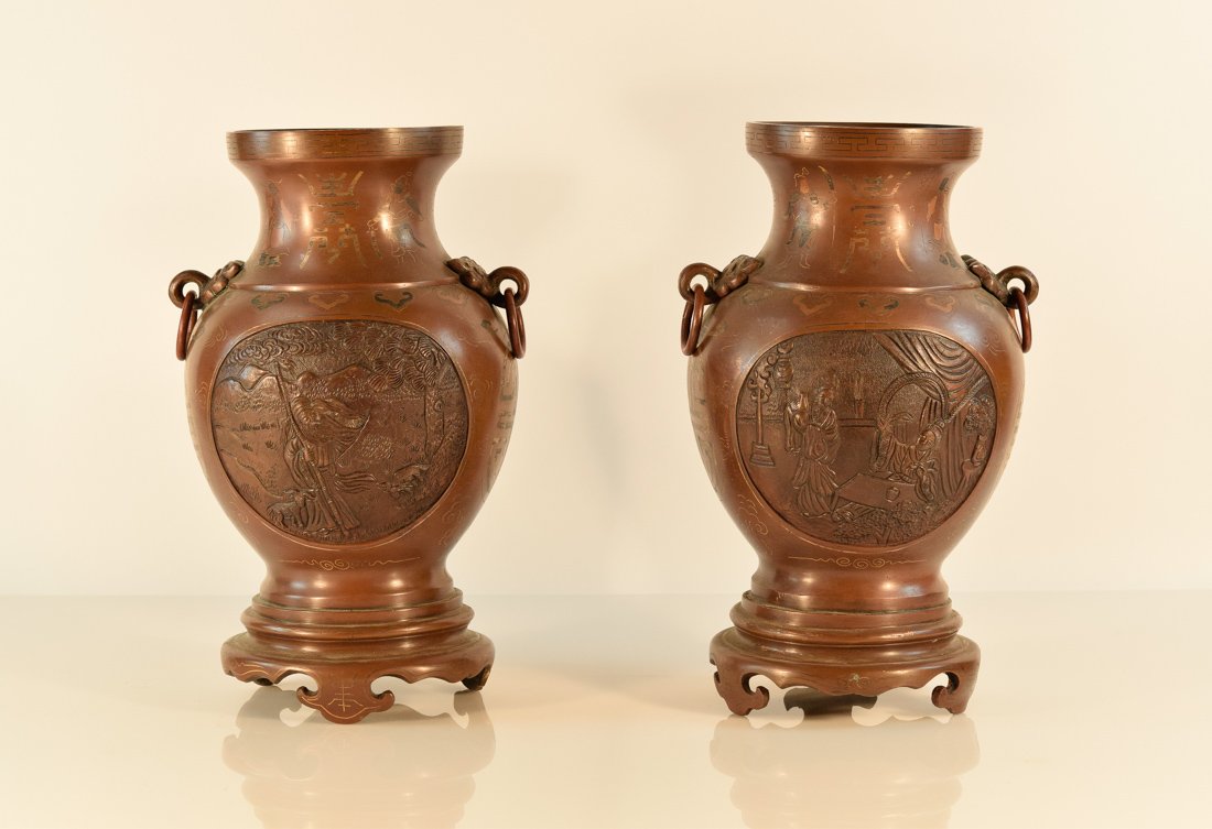 Pair Chinese Bronze Vases with Copper Inlay (1 of 10)