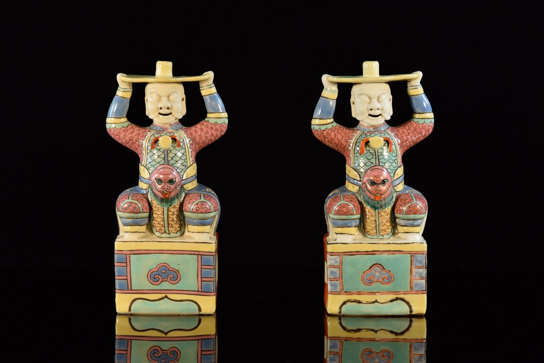 Pair Chinese Export Porcelain Joy Stick Figurine: 19th cen, measures 9"h 4.5"w