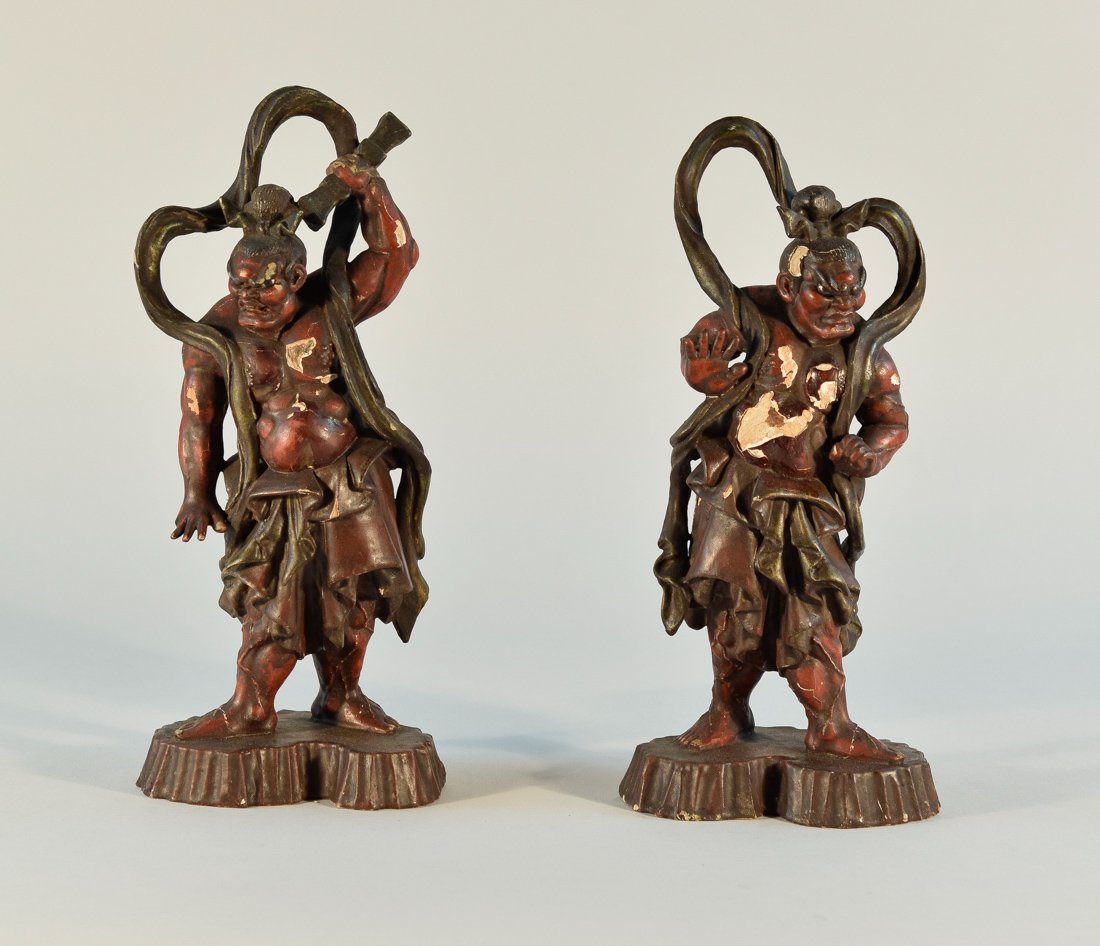 Japanese Edo Period Lacquered Wood Guardians: pair, after Chinese tang style, Japanese edo period, area of lacquer losses, measures 10.5"h 4.5"w; Provenance: from an Old Westchester, New York Collection
