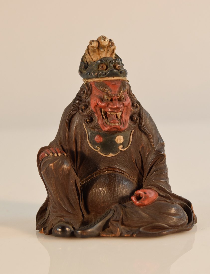 Japanese Seated Wood Demon: edo period, measures 3.5" by 3"; Provenance: from an Old Westchester, New York Collection