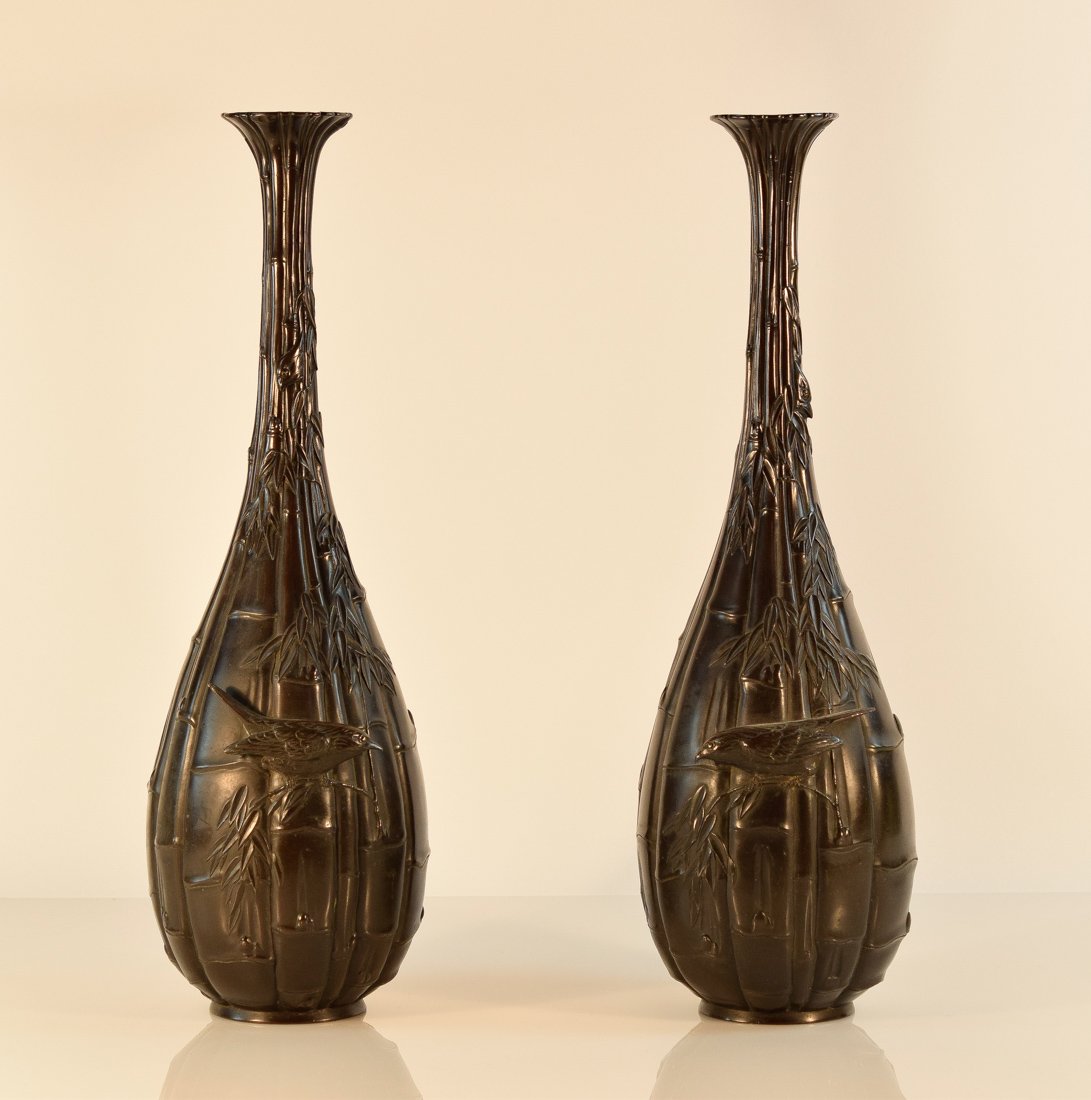 Pair Japanese Bronze Vases with Bird Scene (1 of 10)
