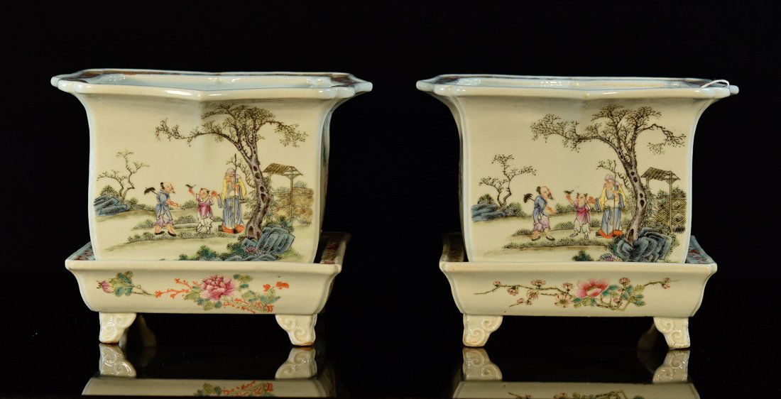 Pair Chinese Square Porcelain Planter with Underplate (1 of 9)