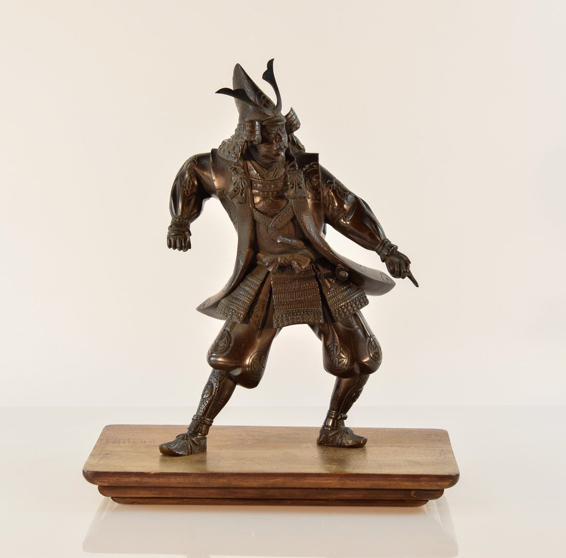 Japanese Bronze Samurai Figurine on Wood Base (1 of 9)