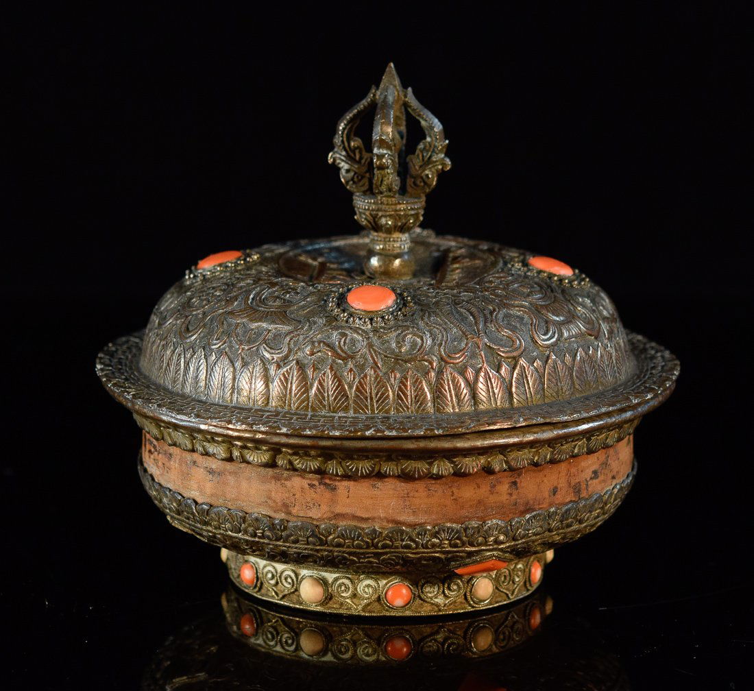 Tibetan Mongolian Ceremonial Covered Bowl with Coral (1 of 10)