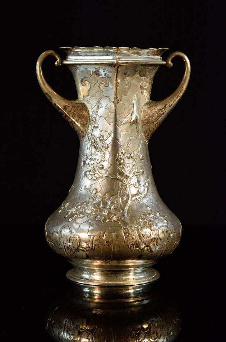 Chinese Export Silver Vase with Plum Blossom Decoration (1 of 10)