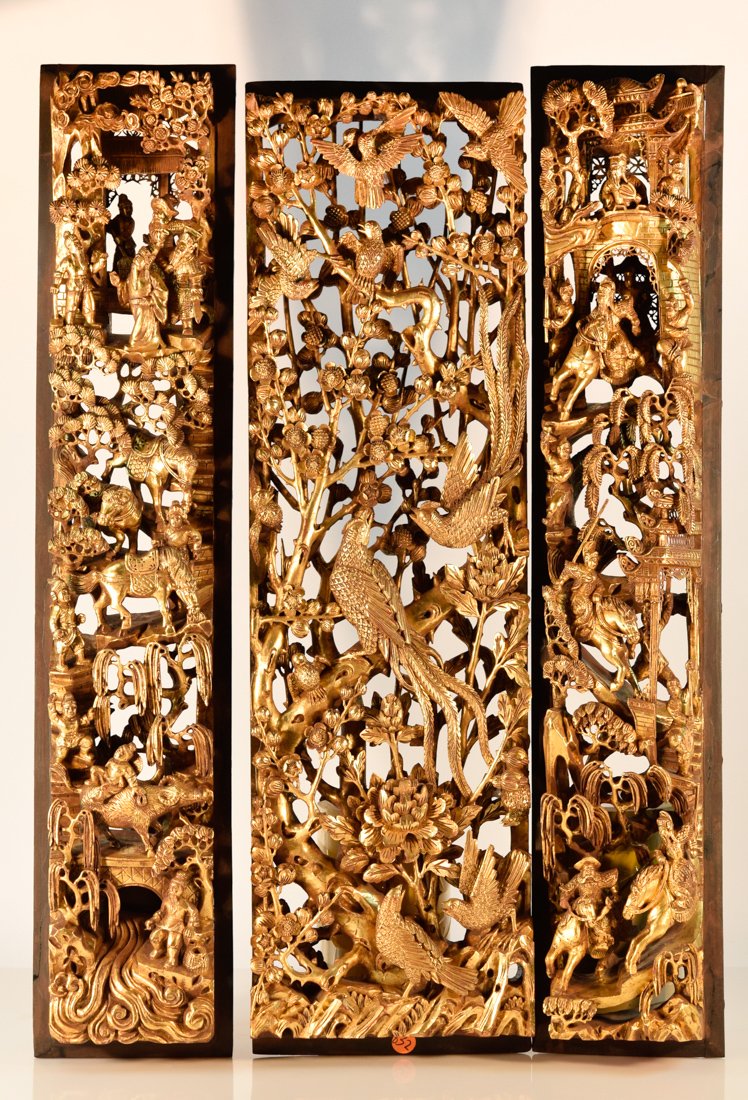 Three Chinese Gilt Wood Panels with Birds Scene (1 of 10)