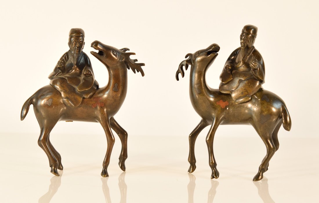 Pair Chinese Bronze Deer with Shoulao (1 of 9)