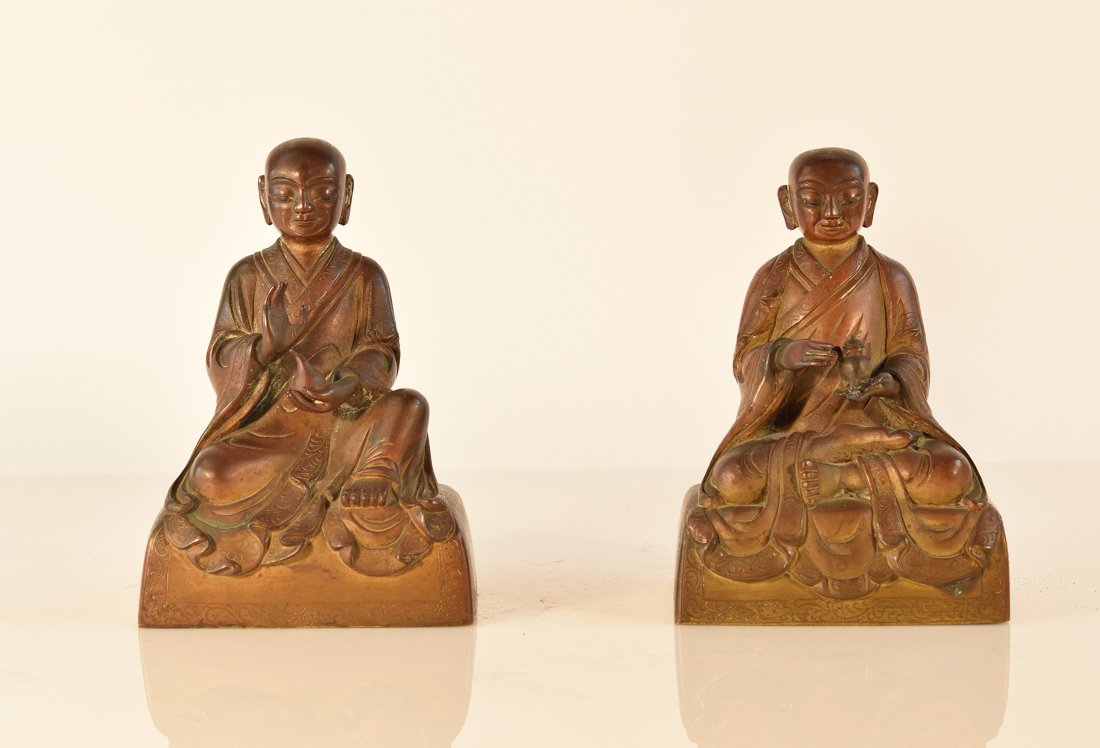 Pair Chinese Bronze Seated Lohan on Square Base 18th (1 of 10)