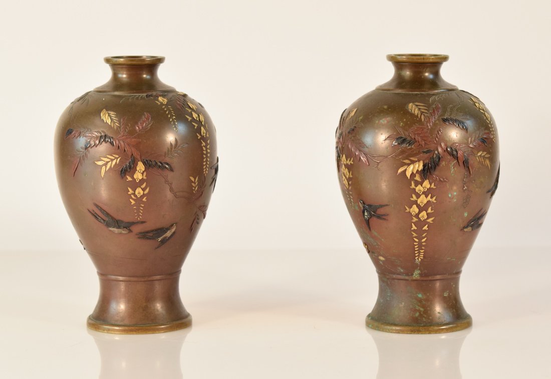Pair Japanese Mixed Metal Vases with Bird Scene (1 of 9)