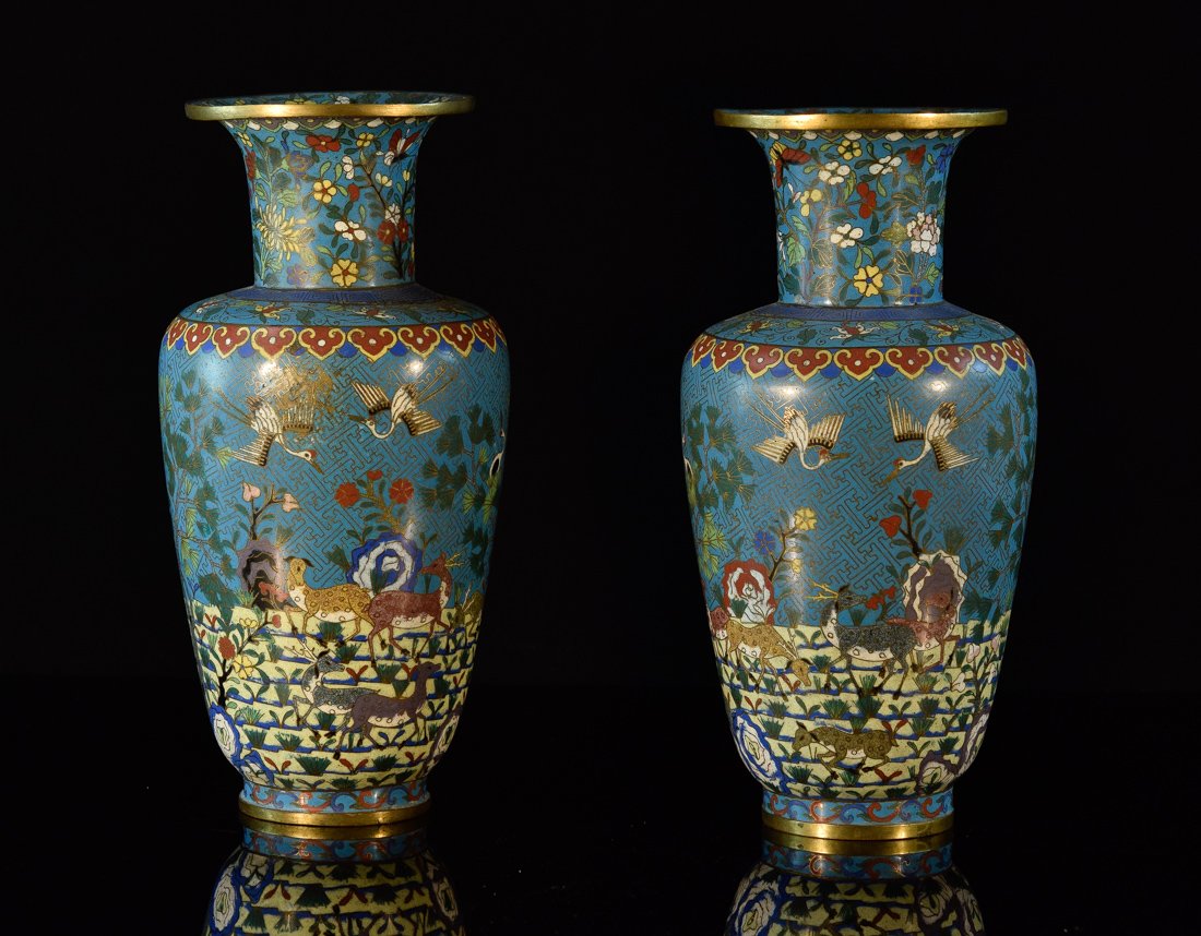 Pair Chinese CloisonnÃ© Vases with Deer Scene: 18/19th cen, blue enamel ground, measures 12" in height, one has dent on the side, another kiln fissure on the shoulder