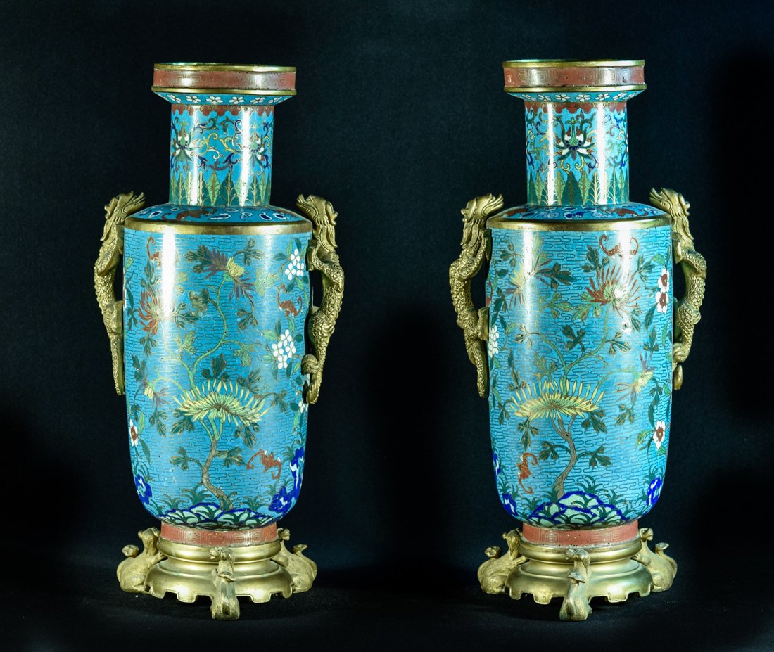 Pair Chinese CloisonnÃ© Vases with Ormolu Mount (1 of 10)