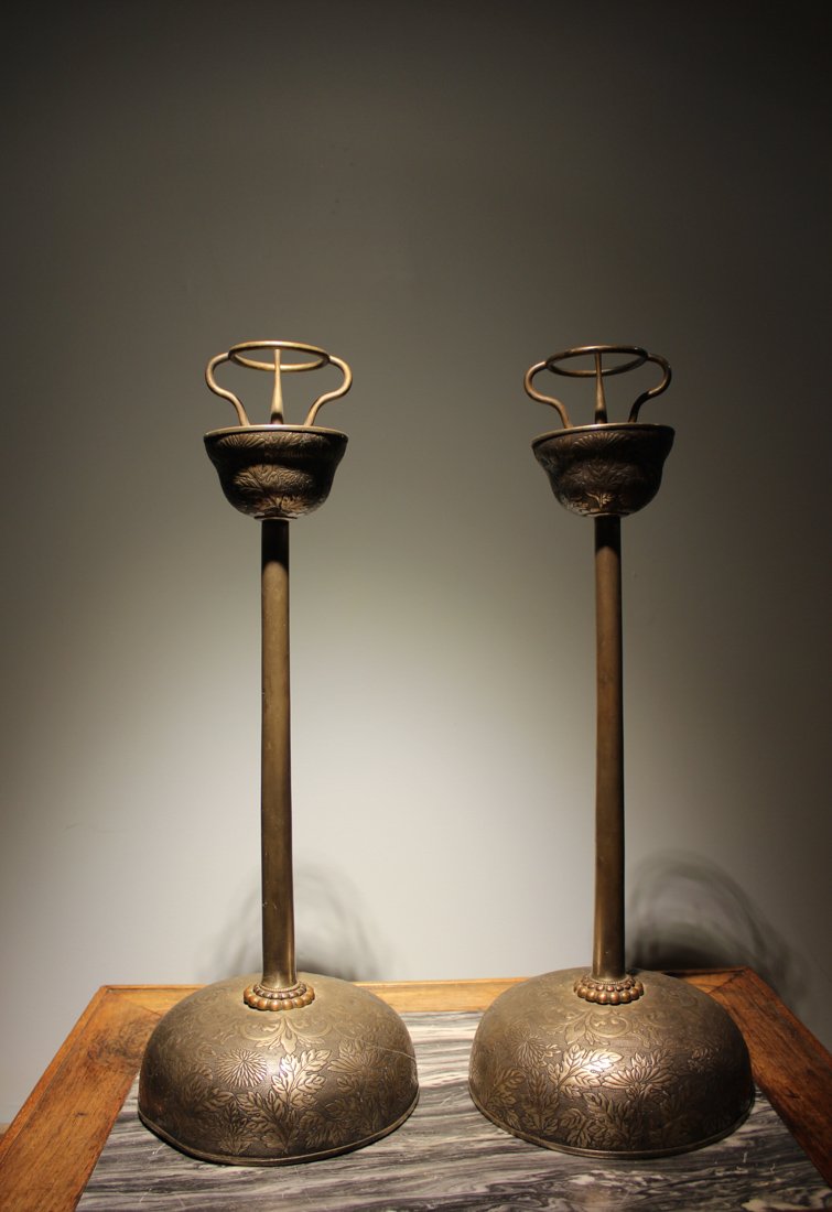 Pair Japanese Edo Period Brass Candle Stick (1 of 7)