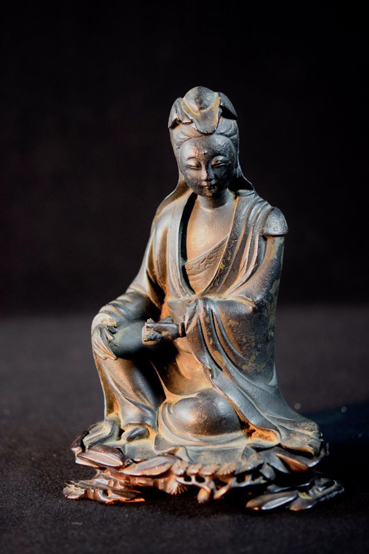 Chinese Bronze Kuanyin Seated on Rosewood Stand (1 of 8)