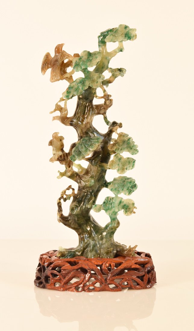 Chinese Hard Stone Jadeite Carving of Bird on Birch (1 of 10)