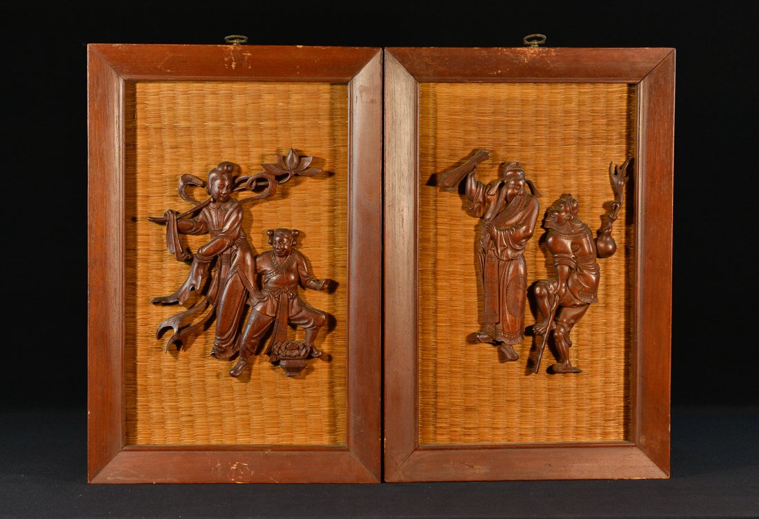 Pair Chinese Plaque with Carved Wood Immortals (1 of 8)