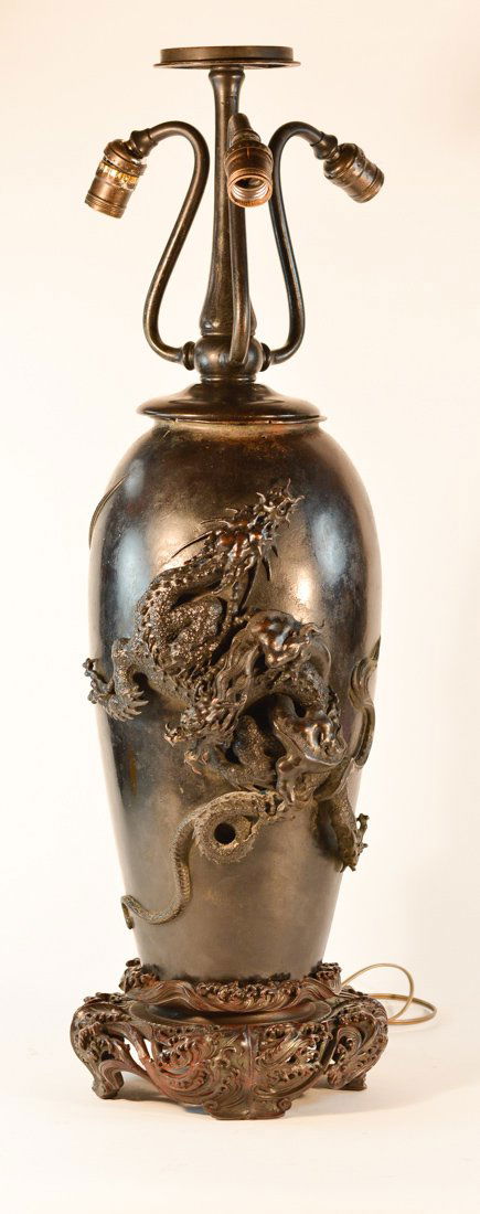 Japanese Bronze Dragon Vase with Carved Wood Wave Base (1 of 10)